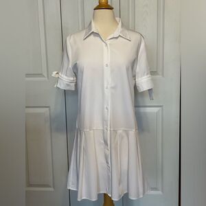 White Button Up Short Sleeve Ruffle Dress Large